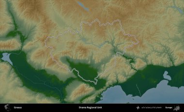Drama Bölgesel Birimi. Yunanistan 'ın idari bölgesi renkli bir yükseklik haritasında özetlendi
