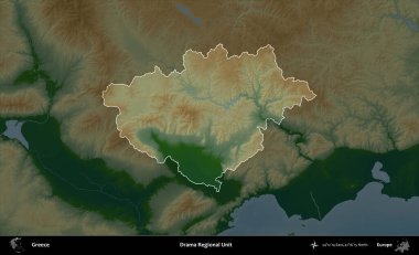 Drama Bölgesel Birimi. Yunanistan 'ın idari alanı koyu renkli bir yükseklik haritasına vurgulandı ve özetlendi
