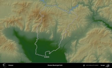 Drama Belediye Birimi. Yunanistan 'ın idari bölgesi renkli bir yükseklik haritasında özetlendi
