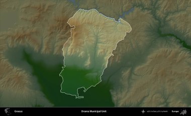 Drama Belediye Birimi. Yunanistan 'ın idari alanı koyu renkli bir yükseklik haritasına vurgulandı ve özetlendi