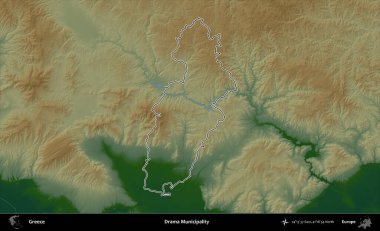 Drama Belediyesi. Yunanistan 'ın idari bölgesi renkli bir yükseklik haritasında özetlendi