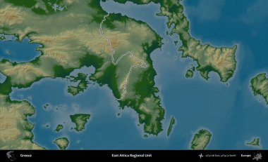 Doğu Attica Bölgesel Birimi. Yunanistan 'ın idari bölgesi renkli bir yükseklik haritasında özetlendi
