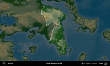 Doğu Attica Bölgesel Birimi. Yunanistan 'ın idari alanı koyu renkli bir yükseklik haritasına vurgulandı ve özetlendi