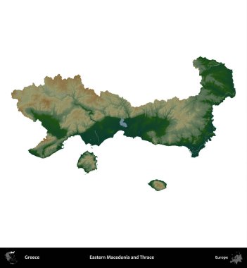 Doğu Makedonya ve Trakya. Yunanistan 'ın idari bölgesi renkli bir yükseklik haritasında beyaza izole edildi