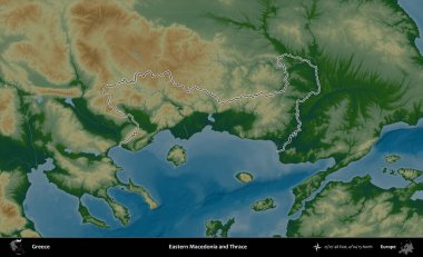 Doğu Makedonya ve Trakya. Yunanistan 'ın idari bölgesi renkli bir yükseklik haritasında özetlendi
