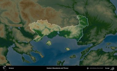 Doğu Makedonya ve Trakya. Yunanistan 'ın idari alanı koyu renkli bir yükseklik haritasına vurgulandı ve özetlendi