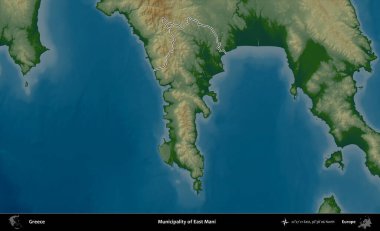 Doğu Mani Belediyesi. Yunanistan 'ın idari bölgesi renkli bir yükseklik haritasında özetlendi