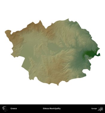 Edessa Belediyesi. Yunanistan 'ın idari bölgesi renkli bir yükseklik haritasında beyaza izole edildi
