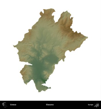 Elassona. Yunanistan 'ın idari bölgesi renkli bir yükseklik haritasında beyaza izole edildi
