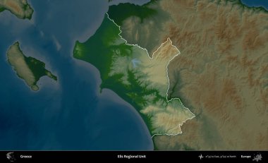 Elis Bölgesel Birimi. Yunanistan 'ın idari alanı koyu renkli bir yükseklik haritasına vurgulandı ve özetlendi