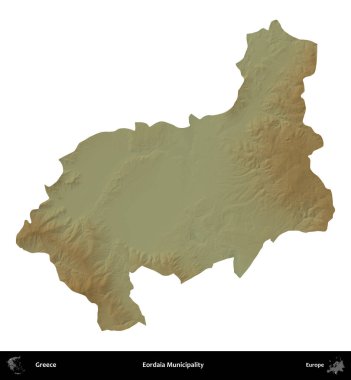 Eordaia Belediyesi. Yunanistan 'ın idari bölgesi renkli bir yükseklik haritasında beyaza izole edildi