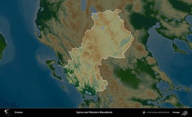 Epirus ve Batı Makedonya. Yunanistan 'ın idari alanı koyu renkli bir yükseklik haritasına vurgulandı ve özetlendi