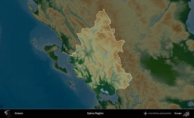 Epirus Bölgesi. Yunanistan 'ın idari alanı koyu renkli bir yükseklik haritasına vurgulandı ve özetlendi