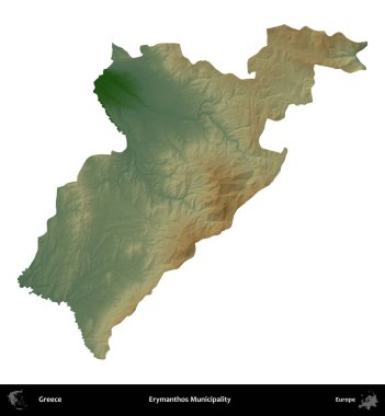 Erymanthos Belediyesi. Yunanistan 'ın idari bölgesi renkli bir yükseklik haritasında beyaza izole edildi