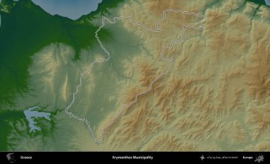 Erymanthos Belediyesi. Yunanistan 'ın idari bölgesi renkli bir yükseklik haritasında özetlendi