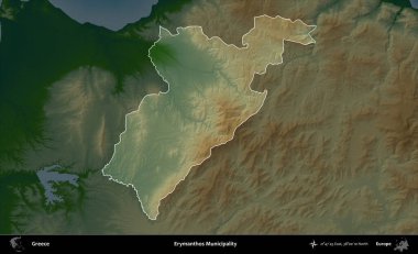 Erymanthos Belediyesi. Yunanistan 'ın idari alanı koyu renkli bir yükseklik haritasına vurgulandı ve özetlendi