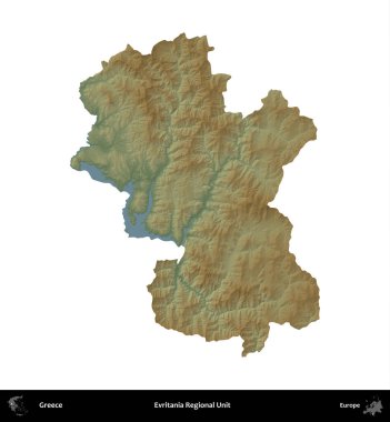 Evritania Bölgesel Birimi. Yunanistan 'ın idari bölgesi renkli bir yükseklik haritasında beyaza izole edildi