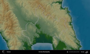 Evrotas Belediyesi. Yunanistan 'ın idari bölgesi renkli bir yükseklik haritasında özetlendi