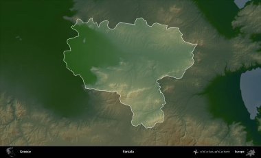 Farsala. Yunanistan 'ın idari alanı koyu renkli bir yükseklik haritasına vurgulandı ve özetlendi
