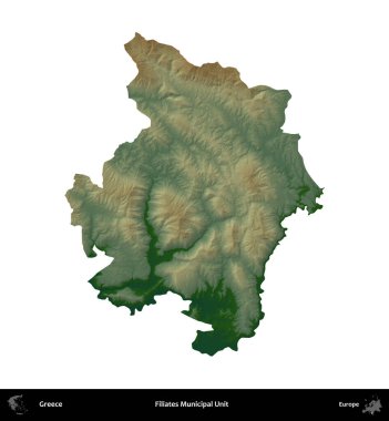 Filiates Belediye Birimi. Yunanistan 'ın idari bölgesi renkli bir yükseklik haritasında beyaza izole edildi