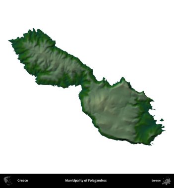 Folegandros Belediyesi. Yunanistan 'ın idari bölgesi renkli bir yükseklik haritasında beyaza izole edildi