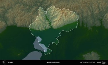 Iasmos Belediyesi. Yunanistan 'ın idari alanı koyu renkli bir yükseklik haritasına vurgulandı ve özetlendi