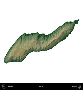 İkaria. Yunanistan 'ın idari bölgesi renkli bir yükseklik haritasında beyaza izole edildi