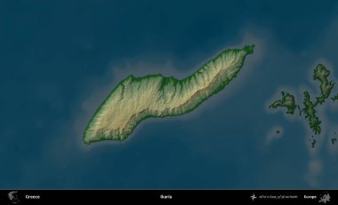 İkaria. Yunanistan 'ın idari alanı koyu renkli bir yükseklik haritasına vurgulandı ve özetlendi