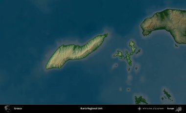 İkaria Bölgesel Birimi. Yunanistan 'ın idari alanı koyu renkli bir yükseklik haritasına vurgulandı ve özetlendi