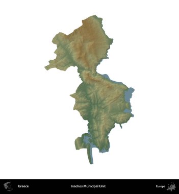 Inachos Belediye Birimi. Yunanistan 'ın idari bölgesi renkli bir yükseklik haritasında beyaza izole edildi