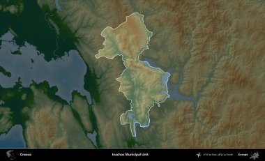 Inachos Belediye Birimi. Yunanistan 'ın idari alanı koyu renkli bir yükseklik haritasına vurgulandı ve özetlendi