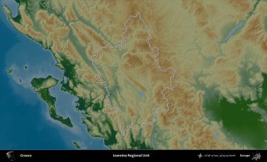 Ioannina Bölgesel Birimi. Yunanistan 'ın idari bölgesi renkli bir yükseklik haritasında özetlendi