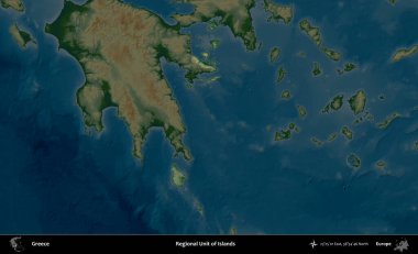 Adaların Bölgesel Birimi. Yunanistan 'ın idari alanı koyu renkli bir yükseklik haritasına vurgulandı ve özetlendi