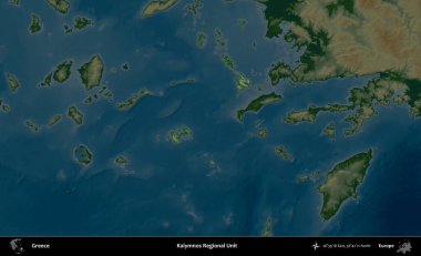 Kalymnos Bölgesel Birimi. Yunanistan 'ın idari alanı koyu renkli bir yükseklik haritasına vurgulandı ve özetlendi