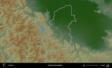 Karditsa Belediyesi. Yunanistan 'ın idari bölgesi renkli bir yükseklik haritasında özetlendi