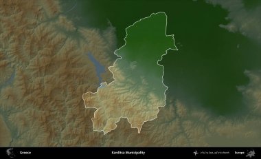 Karditsa Belediyesi. Yunanistan 'ın idari alanı koyu renkli bir yükseklik haritasına vurgulandı ve özetlendi