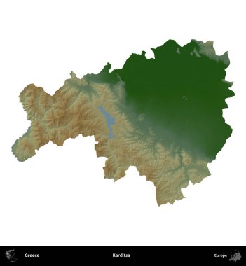 Karditsa. Yunanistan 'ın idari bölgesi renkli bir yükseklik haritasında beyaza izole edildi