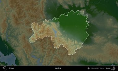 Karditsa. Yunanistan 'ın idari alanı koyu renkli bir yükseklik haritasına vurgulandı ve özetlendi