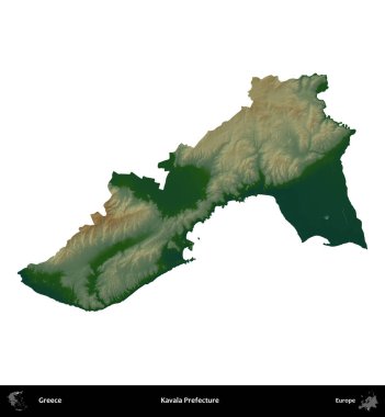 Kavala Bölgesi. Yunanistan 'ın idari bölgesi renkli bir yükseklik haritasında beyaza izole edildi