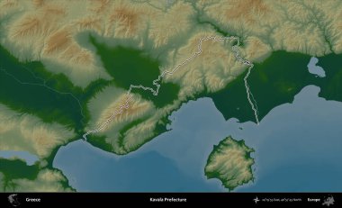 Kavala Bölgesi. Yunanistan 'ın idari bölgesi renkli bir yükseklik haritasında özetlendi