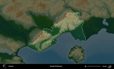 Kavala Bölgesi. Yunanistan 'ın idari alanı koyu renkli bir yükseklik haritasına vurgulandı ve özetlendi