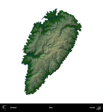 Kea. Yunanistan 'ın idari bölgesi renkli bir yükseklik haritasında beyaza izole edildi