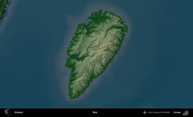 Kea. Yunanistan 'ın idari alanı koyu renkli bir yükseklik haritasına vurgulandı ve özetlendi