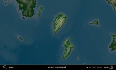 Kea-Kythnos Bölgesel Birimi. Yunanistan 'ın idari alanı koyu renkli bir yükseklik haritasına vurgulandı ve özetlendi