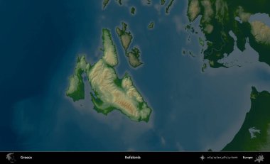 Kefalonya. Yunanistan 'ın idari alanı koyu renkli bir yükseklik haritasına vurgulandı ve özetlendi