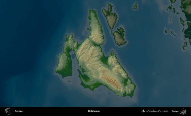 Kefalonya. Yunanistan 'ın idari alanı koyu renkli bir yükseklik haritasına vurgulandı ve özetlendi