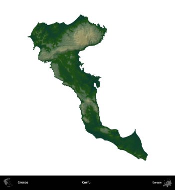 Korfu. Yunanistan 'ın idari bölgesi renkli bir yükseklik haritasında beyaza izole edildi