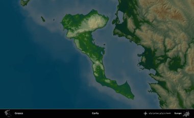 Korfu. Yunanistan 'ın idari alanı koyu renkli bir yükseklik haritasına vurgulandı ve özetlendi