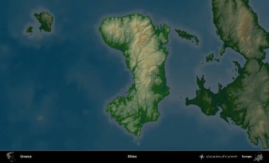 Khios. Yunanistan 'ın idari alanı koyu renkli bir yükseklik haritasına vurgulandı ve özetlendi