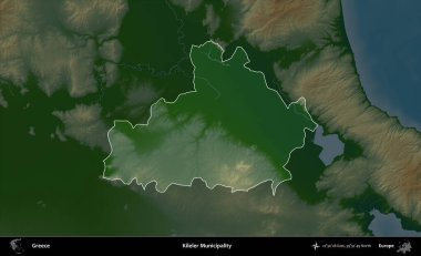 Kileler Belediyesi. Yunanistan 'ın idari alanı koyu renkli bir yükseklik haritasına vurgulandı ve özetlendi